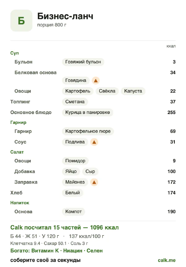 Карточка «Бизнес-ланч» в Calk — более калорийный вариант: 137 ккал на 100 г, белки/жиры/углеводы 16/41/43