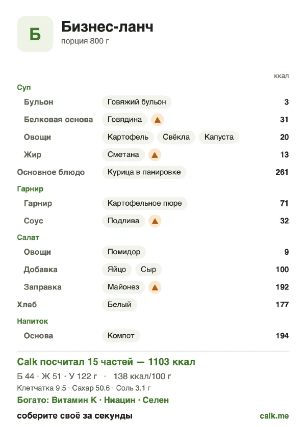 Карточка Calk, более калорийный вариант Бизнес-ланч: 138 ккал на 100 г, белки/жиры/углеводы 16/41/43