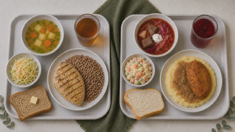 Canteen business lunch: lower- and higher-calorie Calk versions side by side