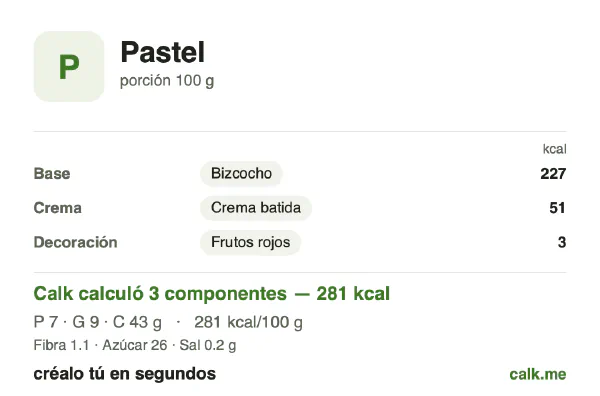 Tarjeta de Calk, versión menos calórica de Pastel: 281 kcal por 100 g, proteínas/grasas/carbohidratos 10/28/62