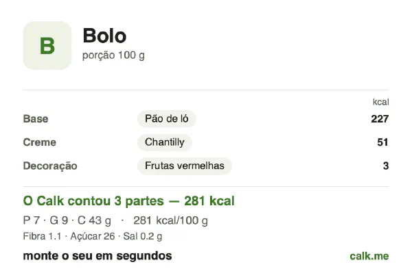 Cartão do Calk para a versão menos calórica de Bolo: 281 kcal por 100 g, proteína/gordura/carboidratos 10/28/62