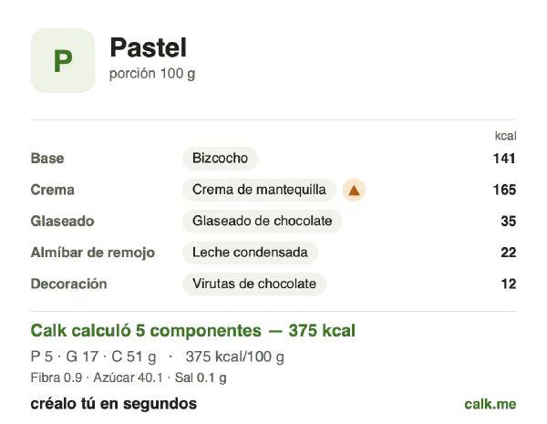 Tarjeta de Calk, versión más calórica de Pastel: 375 kcal por 100 g, proteínas/grasas/carbohidratos 6/40/54