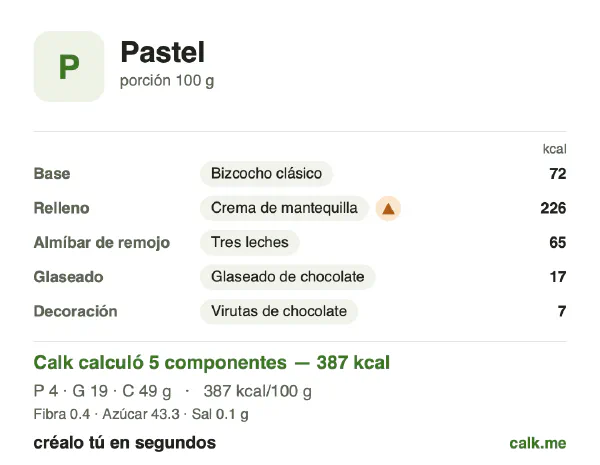 Tarjeta de Calk, versión más calórica de Pastel: 387 kcal por 100 g, proteínas/grasas/carbohidratos 5/45/51