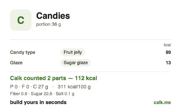 Lower calorie Calk card for Candies: 311 kcal per 100 g, protein/fat/carbs 0/0/99