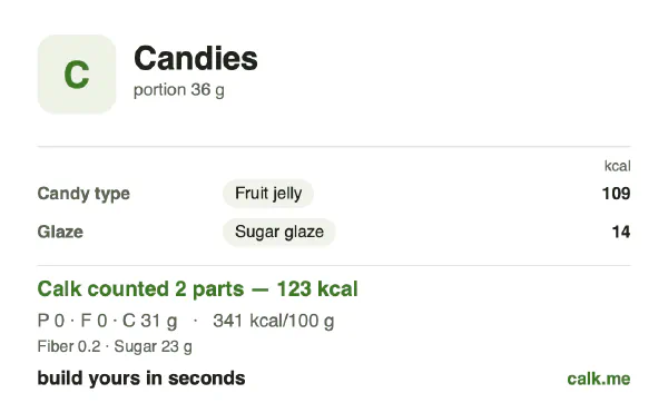Lower calorie Calk card for Candies: 341 kcal per 100 g, protein/fat/carbs 0/0/100