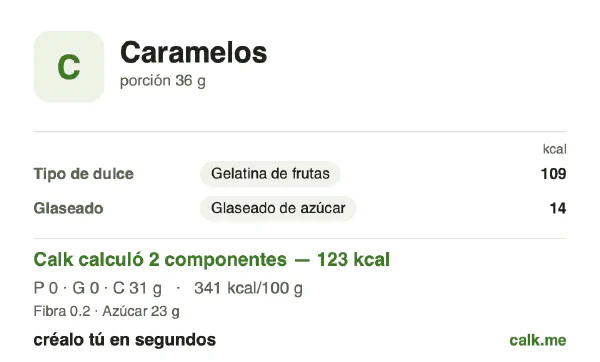 Tarjeta de Calk, versión menos calórica de Caramelos: 341 kcal por 100 g, proteínas/grasas/carbohidratos 0/0/100