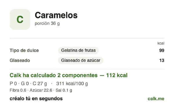 Ficha de Calk, versión menos calórica de Caramelos: 311 kcal por 100 g, proteínas/grasas/hidratos 0/0/99