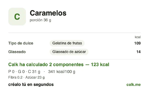 Ficha de Calk, versión menos calórica de Caramelos: 341 kcal por 100 g, proteínas/grasas/hidratos 0/0/100