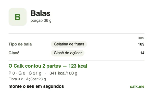 Cartão do Calk para a versão menos calórica de Doces: 341 kcal por 100 g, proteína/gordura/carboidratos 0/0/100