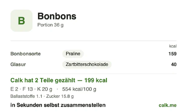 Calk-Karte für die kalorienreichere Variante von Süßigkeiten: 554 kcal pro 100 g, Eiweiß/Fett/Kohlenhydrate 5/56/39