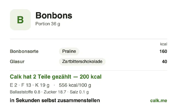 Calk-Karte für die kalorienreichere Variante von Süßigkeiten: 556 kcal pro 100 g, Eiweiß/Fett/Kohlenhydrate 5/57/38
