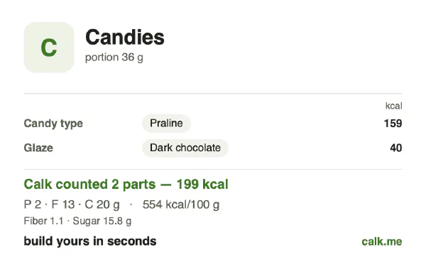 Higher calorie Calk card for Candies: 554 kcal per 100 g, protein/fat/carbs 5/56/39