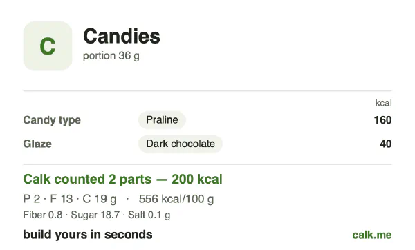 Higher calorie Calk card for Candies: 556 kcal per 100 g, protein/fat/carbs 5/57/38