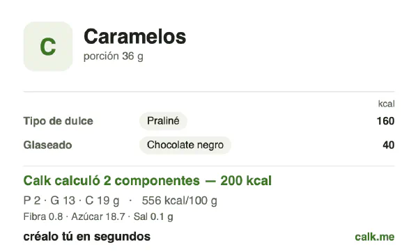 Tarjeta de Calk, versión más calórica de Caramelos: 556 kcal por 100 g, proteínas/grasas/carbohidratos 5/57/38