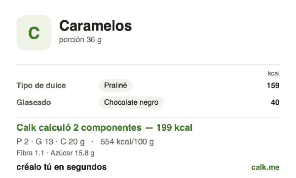 Tarjeta de Calk, versión más calórica de Caramelos: 554 kcal por 100 g, proteínas/grasas/carbohidratos 5/56/39