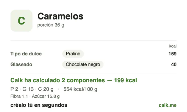 Ficha de Calk, versión más calórica de Caramelos: 554 kcal por 100 g, proteínas/grasas/hidratos 5/56/39