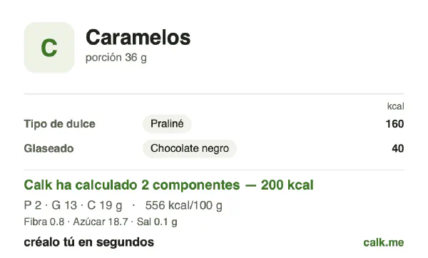 Ficha de Calk, versión más calórica de Caramelos: 556 kcal por 100 g, proteínas/grasas/hidratos 5/57/38