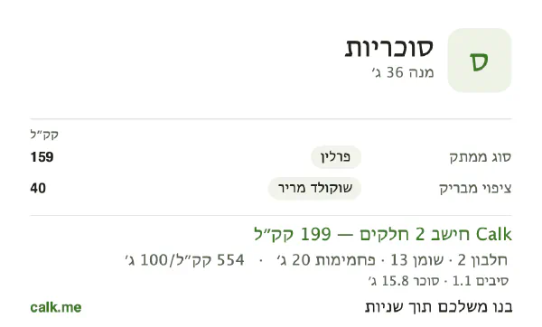 נתוני Calk לסוכריות, בגרסה עם יותר קלוריות: 554 קק״ל ל-100 גרם, חלבון/שומן/פחמימות 5/56/39