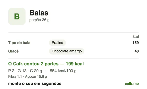 Cartão do Calk para a versão mais calórica de Doces: 554 kcal por 100 g, proteína/gordura/carboidratos 5/56/39