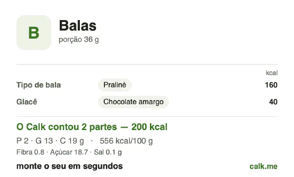 Cartão do Calk para a versão mais calórica de Doces: 556 kcal por 100 g, proteína/gordura/carboidratos 5/57/38