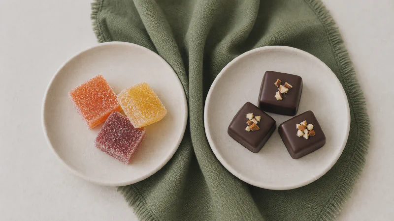 Candy bowl: lower- and higher-calorie Calk versions side by side