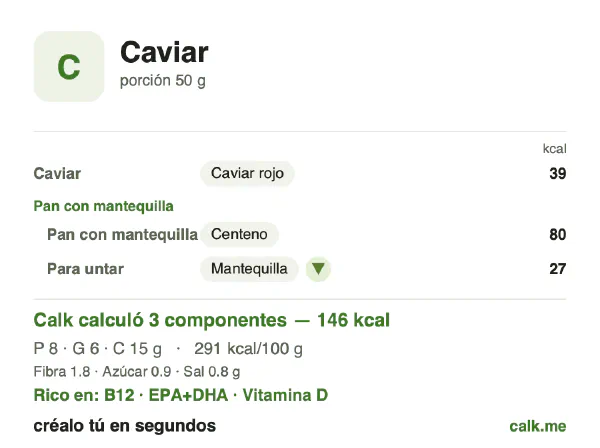 Tarjeta de Calk, versión menos calórica de Caviar: 291 kcal por 100 g, proteínas/grasas/carbohidratos 21/39/41