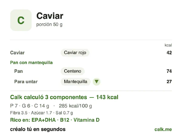Tarjeta de Calk, versión menos calórica de Caviar: 285 kcal por 100 g, proteínas/grasas/carbohidratos 21/38/40