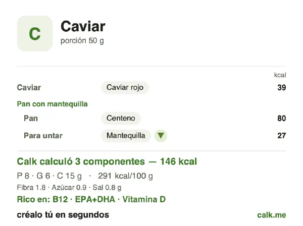 Tarjeta de Calk, versión menos calórica de Caviar: 291 kcal por 100 g, proteínas/grasas/carbohidratos 21/39/41