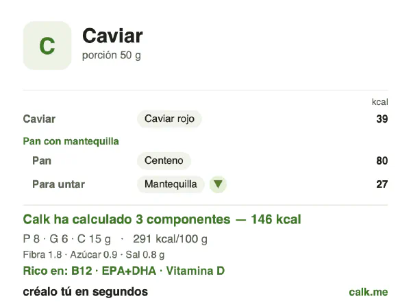 Ficha de Calk, versión menos calórica de Caviar: 291 kcal por 100 g, proteínas/grasas/hidratos 21/39/41