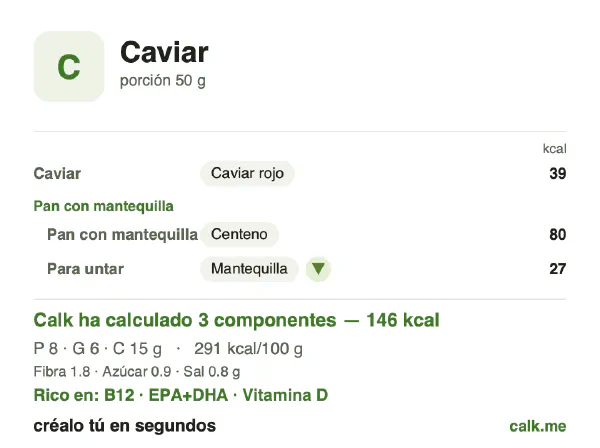 Ficha de Calk, versión menos calórica de Caviar: 291 kcal por 100 g, proteínas/grasas/hidratos 21/39/41