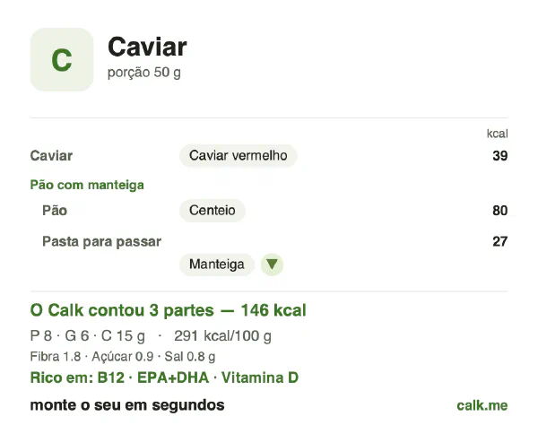 Cartão do Calk para a versão menos calórica de Caviar: 291 kcal por 100 g, proteína/gordura/carboidratos 21/39/41