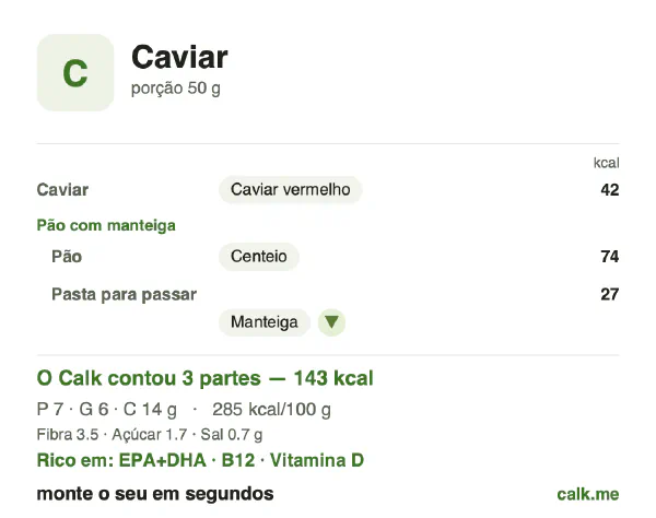 Cartão do Calk para a versão menos calórica de Caviar: 285 kcal por 100 g, proteína/gordura/carboidratos 21/38/40