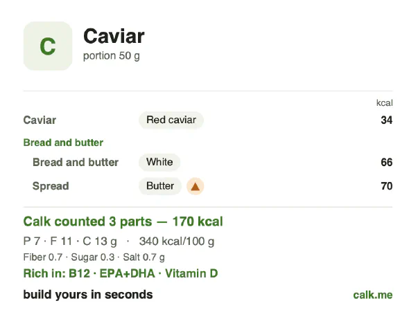 Higher calorie Calk card for Caviar: 340 kcal per 100 g, protein/fat/carbs 15/54/30