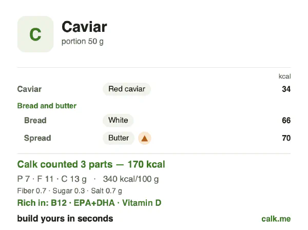 Higher calorie Calk card for Caviar: 340 kcal per 100 g, protein/fat/carbs 15/54/30