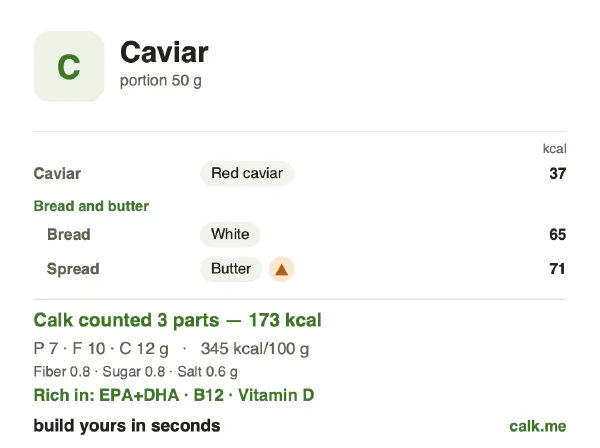 Higher calorie Calk card for Caviar: 345 kcal per 100 g, protein/fat/carbs 16/55/29