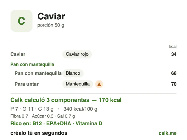 Tarjeta de Calk, versión más calórica de Caviar: 340 kcal por 100 g, proteínas/grasas/carbohidratos 15/54/30