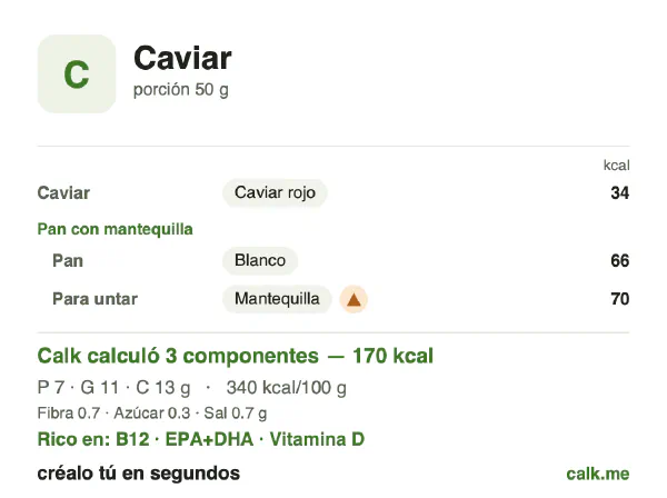 Tarjeta de Calk, versión más calórica de Caviar: 340 kcal por 100 g, proteínas/grasas/carbohidratos 15/54/30