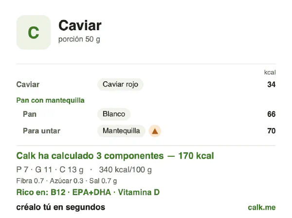 Ficha de Calk, versión más calórica de Caviar: 340 kcal por 100 g, proteínas/grasas/hidratos 15/54/30