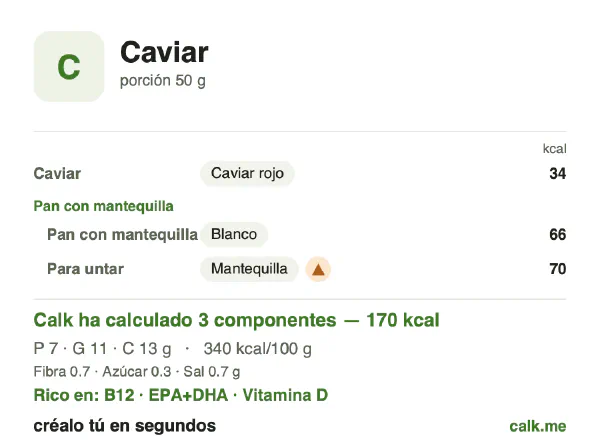 Ficha de Calk, versión más calórica de Caviar: 340 kcal por 100 g, proteínas/grasas/hidratos 15/54/30