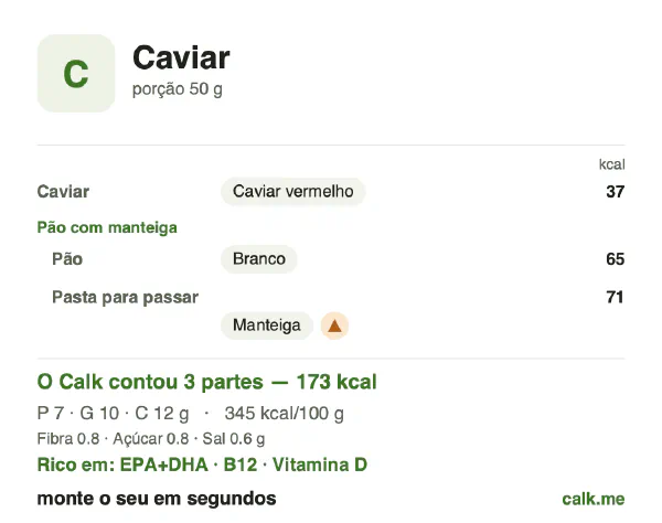 Cartão do Calk para a versão mais calórica de Caviar: 345 kcal por 100 g, proteína/gordura/carboidratos 16/55/29