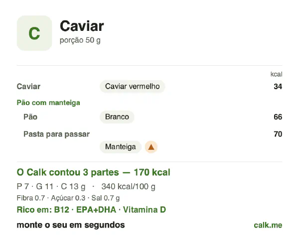 Cartão do Calk para a versão mais calórica de Caviar: 340 kcal por 100 g, proteína/gordura/carboidratos 15/54/30
