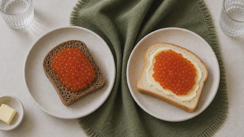 Caviar sandwich: lower- and higher-calorie Calk versions side by side