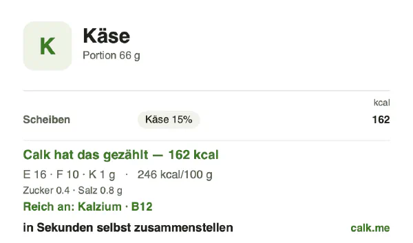 Calk-Karte für die kalorienärmere Variante von Käse: 246 kcal pro 100 g, Eiweiß/Fett/Kohlenhydrate 40/58/2