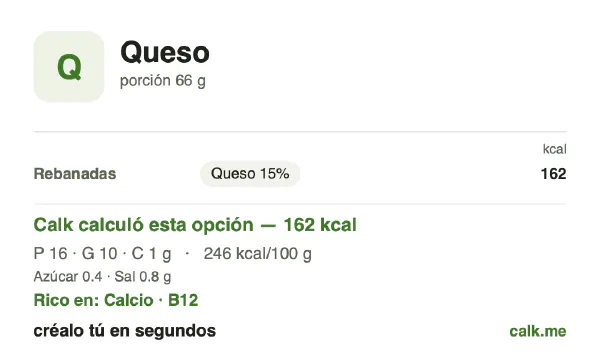 Tarjeta de Calk, versión menos calórica de Queso: 246 kcal por 100 g, proteínas/grasas/carbohidratos 40/58/2