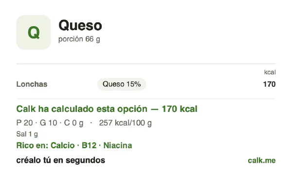 Ficha de Calk, versión menos calórica de Queso: 257 kcal por 100 g, proteínas/grasas/hidratos 47/53/0