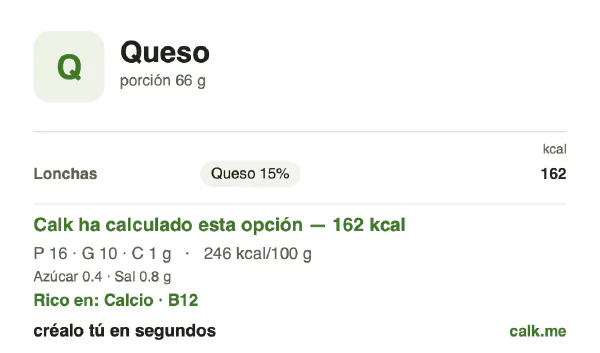 Ficha de Calk, versión menos calórica de Queso: 246 kcal por 100 g, proteínas/grasas/hidratos 40/58/2