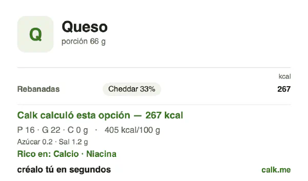 Tarjeta de Calk, versión más calórica de Queso: 405 kcal por 100 g, proteínas/grasas/carbohidratos 25/75/0