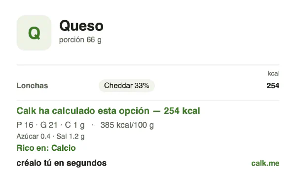 Ficha de Calk, versión más calórica de Queso: 385 kcal por 100 g, proteínas/grasas/hidratos 25/74/1