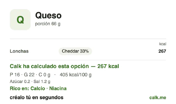 Ficha de Calk, versión más calórica de Queso: 405 kcal por 100 g, proteínas/grasas/hidratos 25/75/0