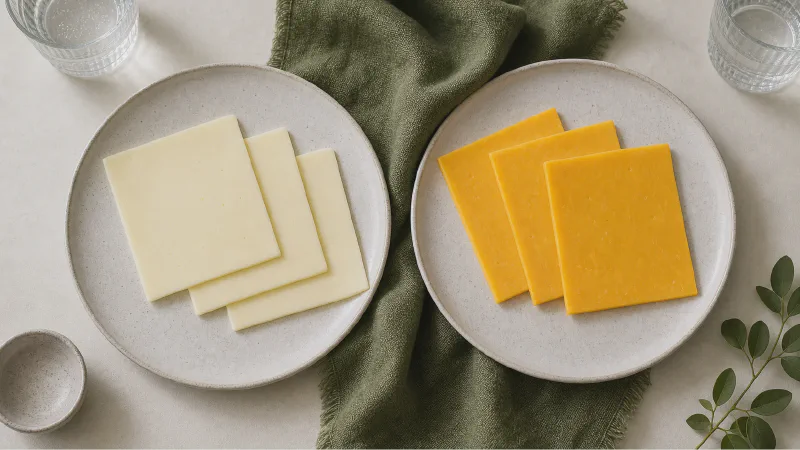 Cheese slices: lower- and higher-calorie Calk versions side by side